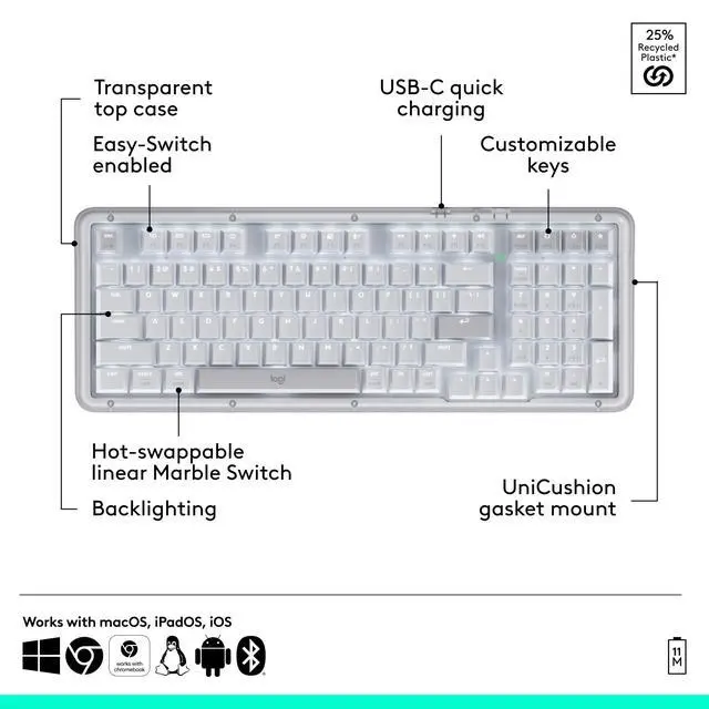 Alt view image 6 of 7 - Logitech Alto Keys K98M Wireless Mechanical Keyboard, Customizable with Vibration Absorbing Gasket, Off-white
