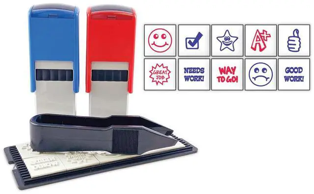 Main image of Printy 10-in-1 Self-Inking Teacher Stamp Incudes 10 Dies 0.63" Diameter Blue/Red 4630
