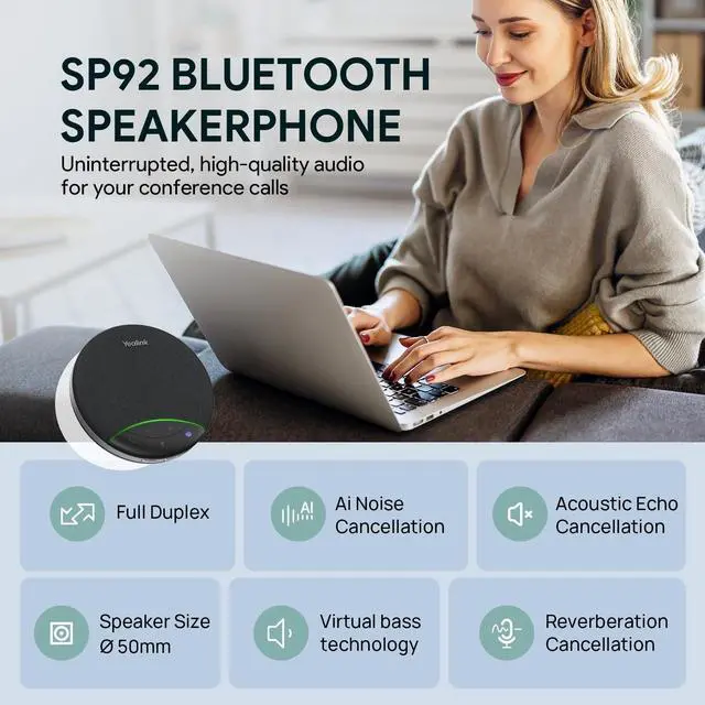 Alt view image 2 of 7 - Yealink SP92 Conference Speaker and Microphone with Al Noise Cancellation, 20H Call Time, 13ft Pick-up, 360? Omni Mic 50mm Full-Duplex Speaker, Bluetooth 5.3/USB Speakerphone for Teams