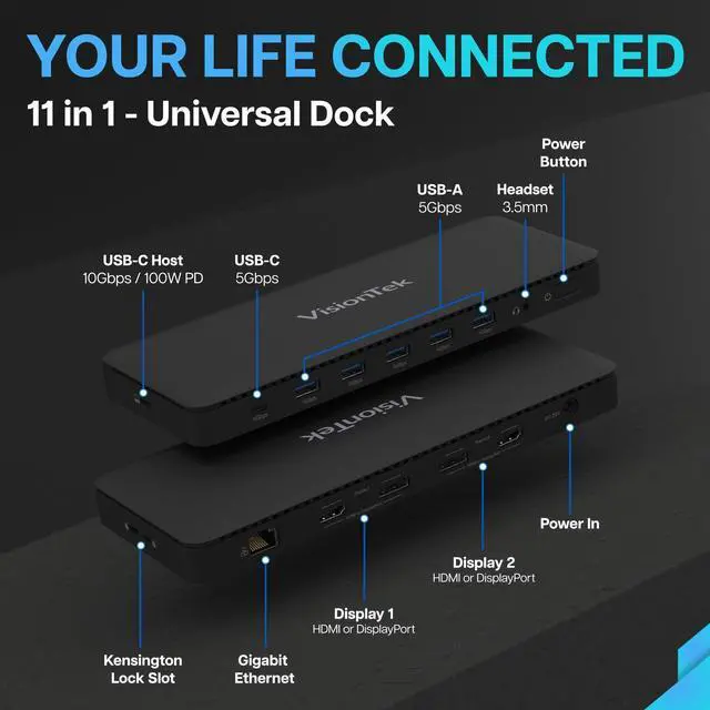 Alt view image 9 of 14 - VisionTek VT4600DL Universal Dual 4K Docking Station 100W Charging (USB-A, USB-C) - for Notebook, Laptop, Desktop, Monitor, Mobile Device - Charging Capability - 100 W - USB Type C, USB Type A - 2 Dis