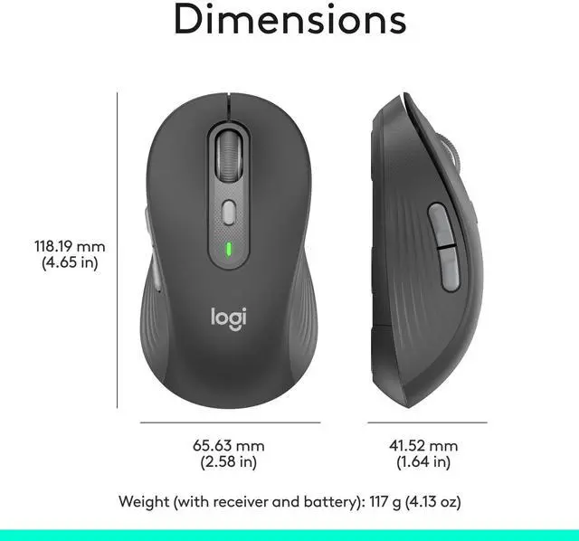 Alt view image 11 of 13 - Logitech Signature Plus M750 L Mouse - Optical - Wireless - 32.81 ft - Bluetooth/Radio Frequency - 2.40 GHz - Graphite - USB - 2000 dpi - Scroll Wheel - 6 Button(s) - Large Hand/Palm Size - 1 x AA Bat