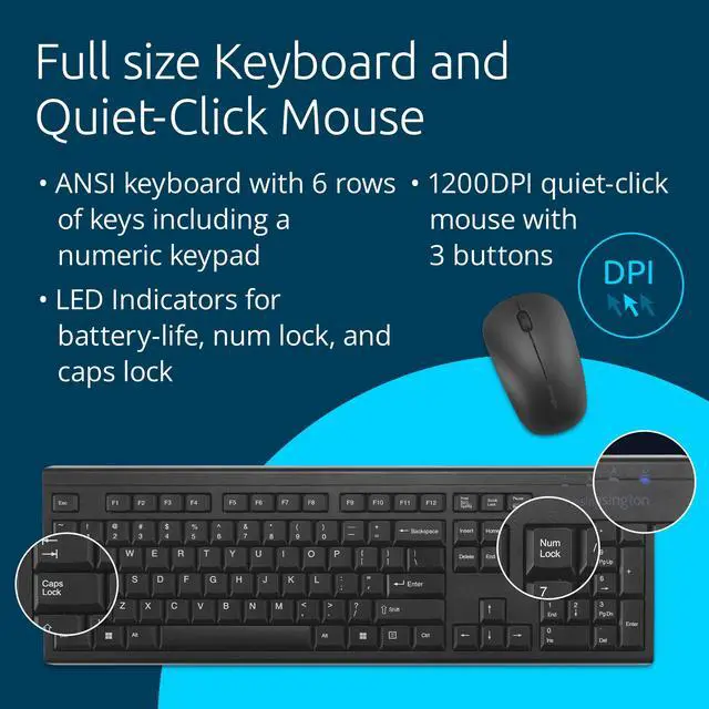 Alt view image 11 of 11 - Kensington KM150 EQ Wireless Desktop Set - USB Type A Membrane Wireless RF 2.40 GHz Keyboard - USB Type A Wireless RF Mouse - 1200 dpi - 3 Button - Symmetrical - Compatible with PC, Mac