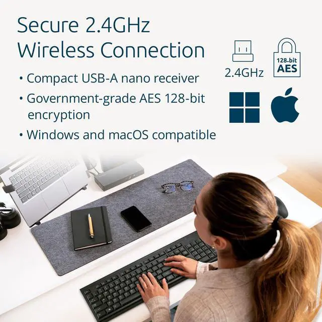 Alt view image 10 of 11 - Kensington KM150 EQ Wireless Desktop Set - USB Type A Membrane Wireless RF 2.40 GHz Keyboard - USB Type A Wireless RF Mouse - 1200 dpi - 3 Button - Symmetrical - Compatible with PC, Mac