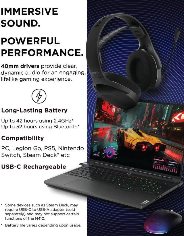 Alt view image 3 of 6 - Lenovo Legion H410 Wireless Gaming Headset GXD1R61983