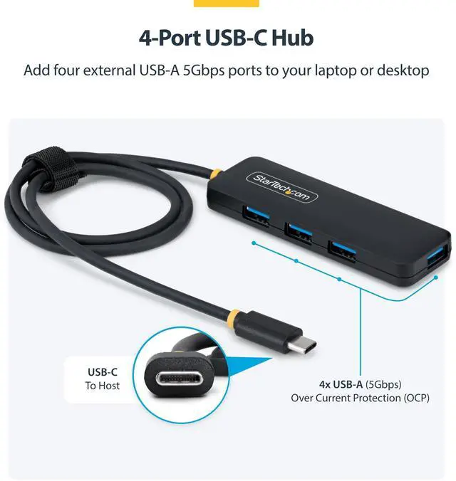 Alt view image 6 of 7 - StarTech 4-Port USB-C Hub, 5Gbps, Bus Powered, USB-C to 4X USB-A Mini Hub, Extra Long 2ft/61cm Host Cable