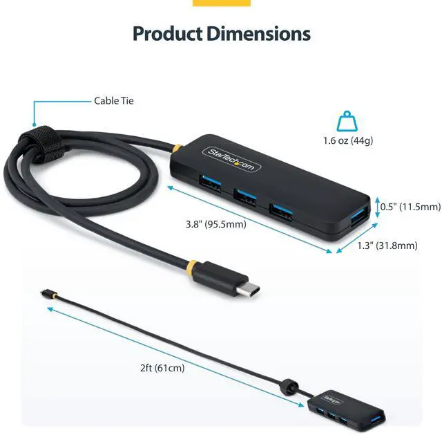Alt view image 2 of 7 - StarTech 4-Port USB-C Hub, 5Gbps, Bus Powered, USB-C to 4X USB-A Mini Hub, Extra Long 2ft/61cm Host Cable