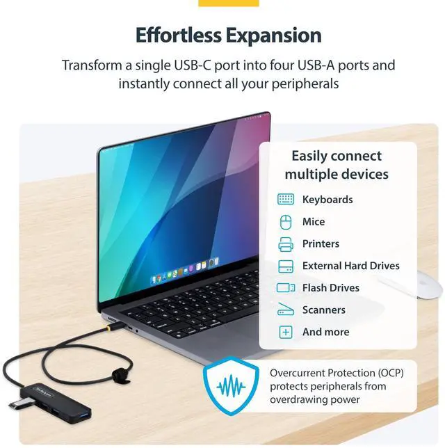 Alt view image 3 of 7 - StarTech 4-Port USB-C Hub, 5Gbps, Bus Powered, USB-C to 4X USB-A Mini Hub, Extra Long 2ft/61cm Host Cable
