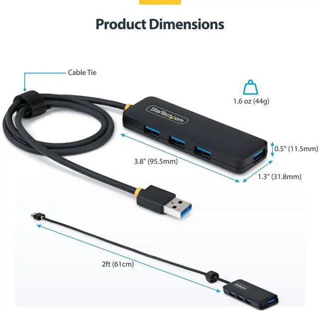 Alt view image 2 of 7 - StarTech 4-Port USB-A Hub, 5Gbps, Bus Powered, 4X USB-A Mini Hub, Extra Long 2ft/61cm Host Cable, PCR Plastic