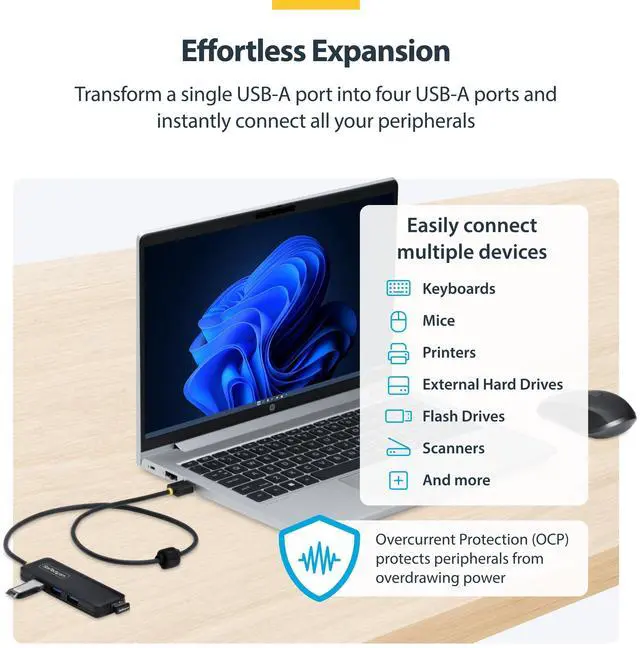 Alt view image 3 of 7 - StarTech 4-Port USB-A Hub, 5Gbps, Bus Powered, 4X USB-A Mini Hub, Extra Long 2ft/61cm Host Cable, PCR Plastic