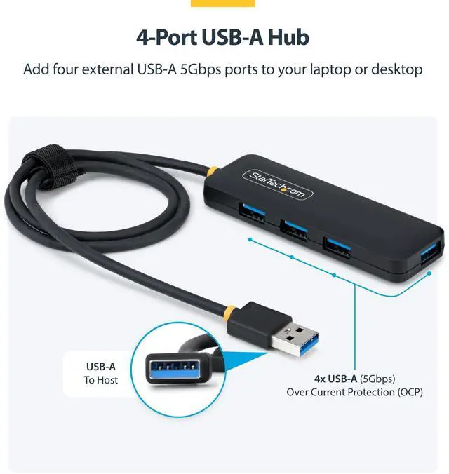 Alt view image 4 of 7 - StarTech 4-Port USB-A Hub, 5Gbps, Bus Powered, 4X USB-A Mini Hub, Extra Long 2ft/61cm Host Cable, PCR Plastic