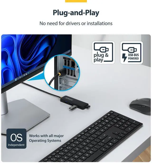 Alt view image 6 of 7 - StarTech 4-Port USB-A Hub, 5Gbps, Bus Powered, 4X USB-A Mini Hub, Extra Long 2ft/61cm Host Cable, PCR Plastic