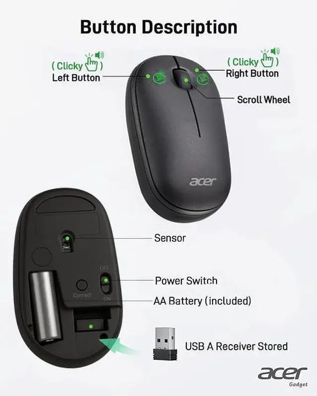 Alt view image 19 of 20 - Acer Computer Mouse Wireless, 2.4G Slim USB Wireless Mice with USB-A Receiver, 1600 DPI Optical, Laptop Mouse with Plug and Play for Right/Left Handed Users (for Chromebooks, Windows PC & Mac) Black