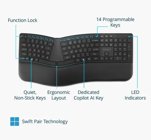 Alt view image 10 of 15 - Kensington Pro Fit Ergo KB680 EQ Rechargeable Keyboard - Wireless Connectivity - Bluetooth/RF - 5.4 - 2.40 GHz - USB Type A Interface - CoPilot Hot Key(s) - Windows, Mac OS - PC, Mac - Black