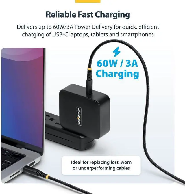 Alt view image 9 of 12 - StarTech.com 10ft (3m) USB-C Charging Cable, 60W (3A) PD, Dual-Layer Braided Nylon/TPE Jacket, Rugged USB C Laptop Charger Cord