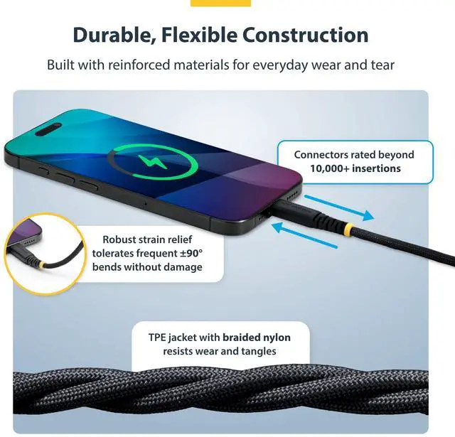Alt view image 10 of 12 - StarTech.com 10ft (3m) USB-C Charging Cable, 60W (3A) PD, Dual-Layer Braided Nylon/TPE Jacket, Rugged USB C Laptop Charger Cord