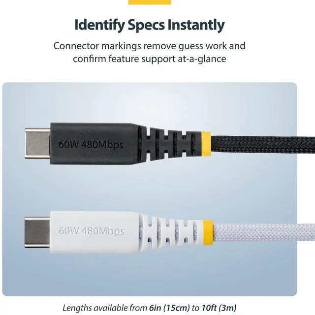 Alt view image 11 of 12 - StarTech.com 10ft (3m) USB-C Charging Cable, 60W (3A) PD, Dual-Layer Braided Nylon/TPE Jacket, Rugged USB C Laptop Charger Cord