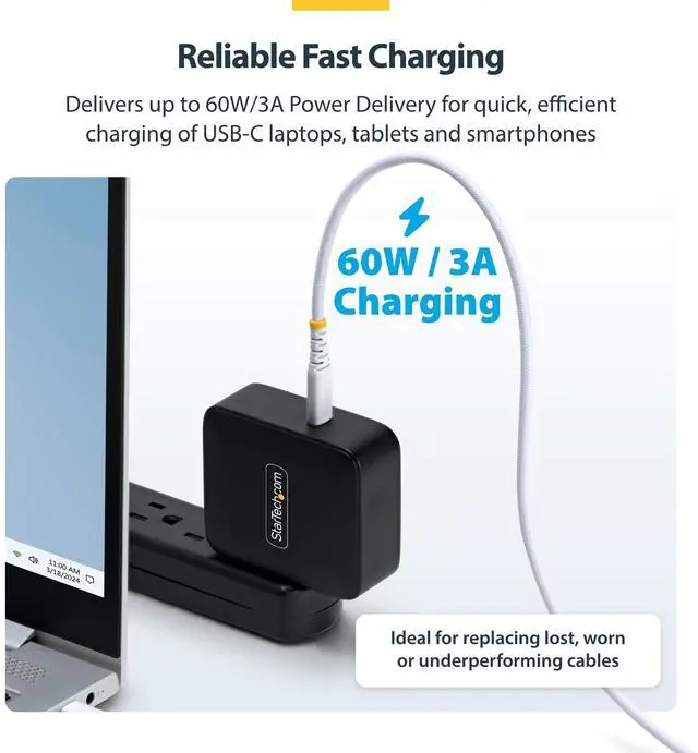 Alt view image 9 of 12 - StarTech.com 5-Pack 3ft (91cm) White USB-C Charging Cable, 60W (3A) PD, Dual-Layer Braided Nylon/TPE Jacket, Rugged USB C Cord