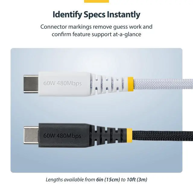 Alt view image 11 of 12 - StarTech.com 5-Pack 3ft (91cm) White USB-C Charging Cable, 60W (3A) PD, Dual-Layer Braided Nylon/TPE Jacket, Rugged USB C Cord