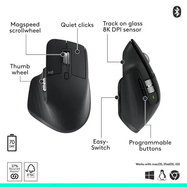 Alt view image 20 of 20 - Logitech MX Master 3S Performance Wireless Mouse with Ultra-fast Scrolling Ergo 8K DPI Track on Glass Quiet Clicks Bluetooth Windows Linux Chrome Black 910007500