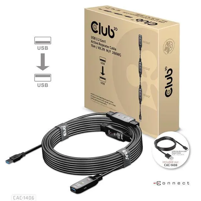Alt view image 8 of 13 - Club3D USB 3.2 Gen1 Active Repeater Cable 15m/49.2ft Male/Female 28AWG Black Adapters