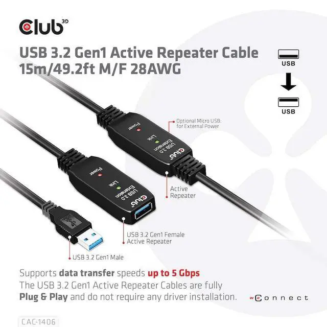 Alt view image 10 of 13 - Club3D USB 3.2 Gen1 Active Repeater Cable 15m/49.2ft Male/Female 28AWG Black Adapters