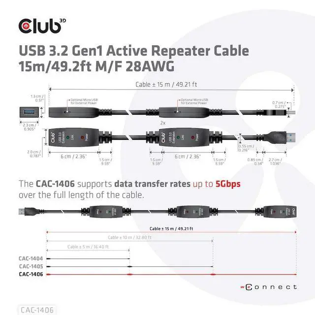 Alt view image 11 of 13 - Club3D USB 3.2 Gen1 Active Repeater Cable 15m/49.2ft Male/Female 28AWG Black Adapters
