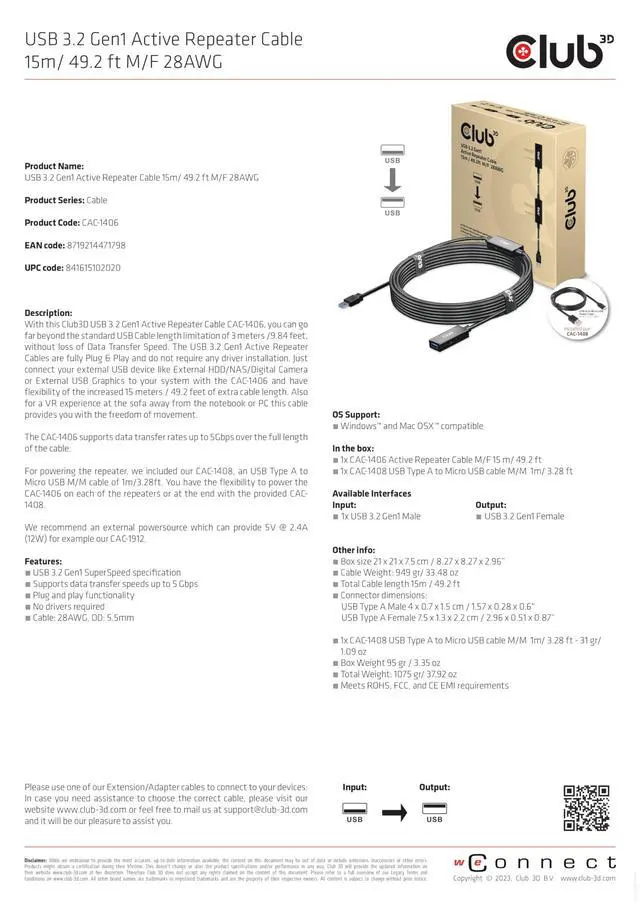 Alt view image 9 of 13 - Club3D USB 3.2 Gen1 Active Repeater Cable 15m/49.2ft Male/Female 28AWG Black Adapters