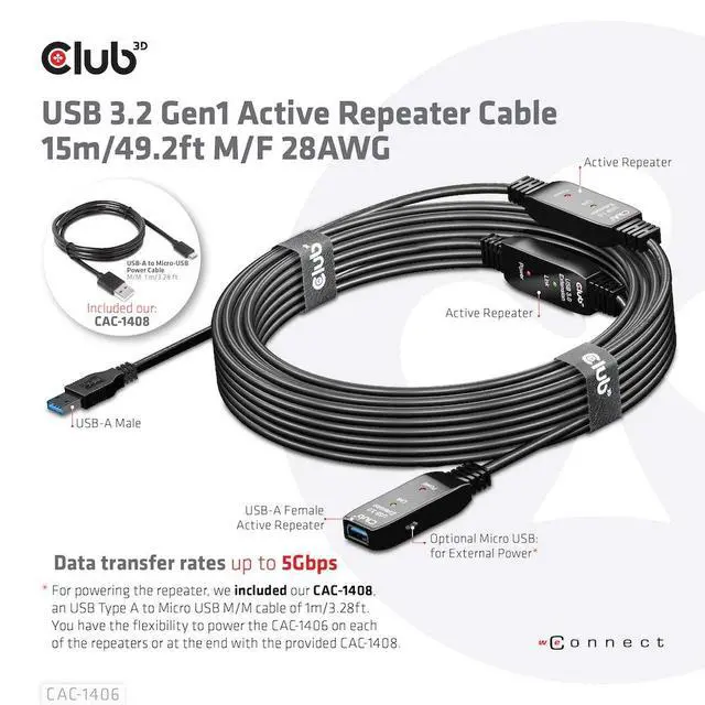 Alt view image 13 of 13 - Club3D USB 3.2 Gen1 Active Repeater Cable 15m/49.2ft Male/Female 28AWG Black Adapters