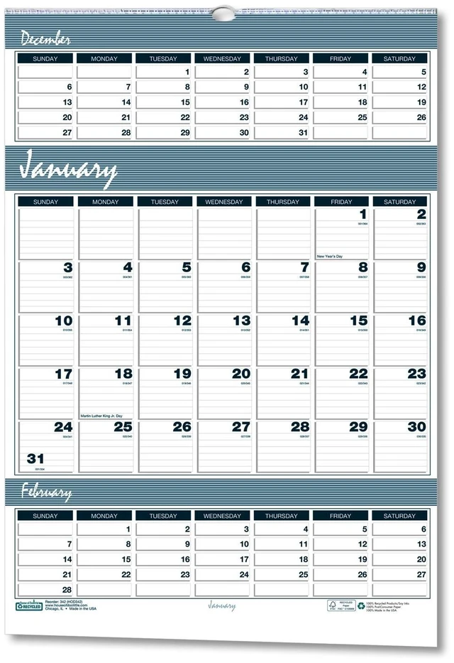 Main image of Bar Harbor Recycled Wirebound 3-Months-per-Page Wall Calendar 15.5 x 22 White/Blue/Gray 14-Month: Dec 2025 to Jan 2027 343