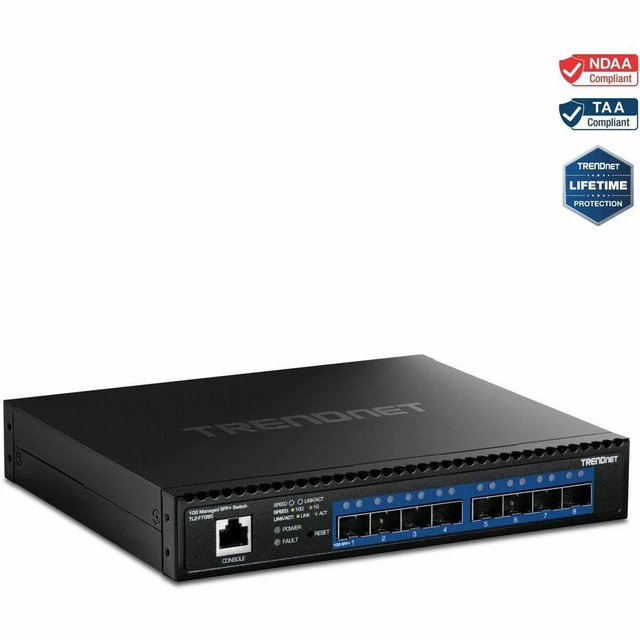 Main image of TRENDnet 8-Port 10G Layer 2 Managed SFP+ Switch TL2-F7080 8 x 10G SFP+ Ports Web-Based Management NDAA + TAA Compliant 160Gbps Layer 2 Hub Ethernet Splitter