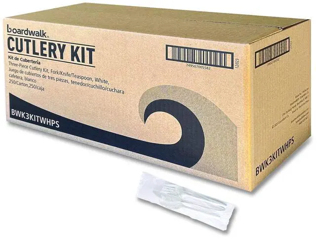 Main image of Three-Piece Polystyrene Cutlery Kit Mediumweight Fork/Knife/Spoon Plastic White 250/Carton BWK3KITWHPS
