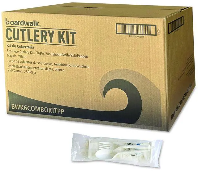 Main image of Six-Piece Cutlery Kit Mediumweight Fork/Knife/Napkin/Pepper/Salt/Spoon 5.86" Plastic White 250/Carton BWK6COMBOKITPP