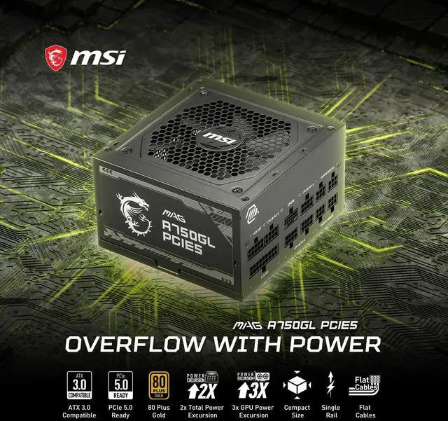 Alt view image 13 of 14 - MSI MAG 750W Power Supply - Internal - 120 V AC, 230 V AC Input - 5 V DC, 3.3 V DC, 12 V DC, -12 V DC, 5 V SB Output - 750 W - Active PFC - 1 +12V Rails - 1 Fan(s) - NVIDIA SLI Supported - 90% Efficie
