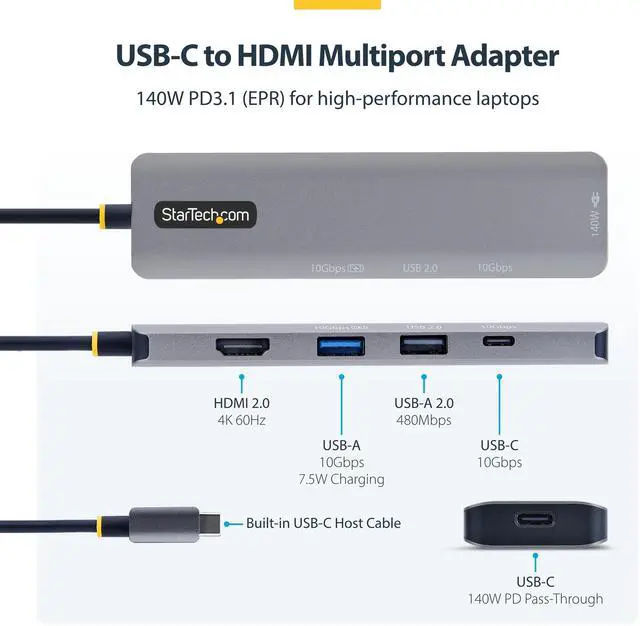 Alt view image 2 of 7 - StarTech USB-C to HDMI Multiport Adapter with 140W PD Charging - 4K 60Hz HDMI - 2-Port USB 10Gbps Hub - 1x USB 2.0 Port - Type-C Mini Dock - 164B-USBC-MULTIPORT