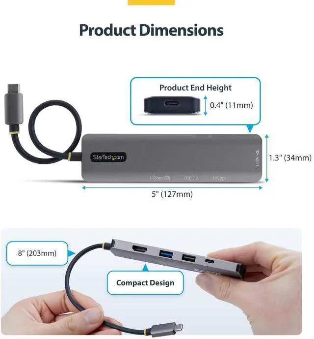 Alt view image 5 of 7 - StarTech USB-C to HDMI Multiport Adapter with 140W PD Charging - 4K 60Hz HDMI - 2-Port USB 10Gbps Hub - 1x USB 2.0 Port - Type-C Mini Dock - 164B-USBC-MULTIPORT