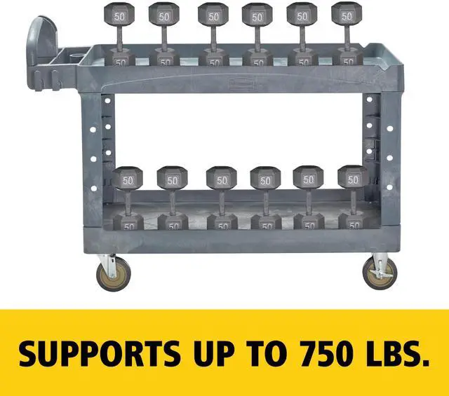 Alt view image 5 of 7 - BRUTE Heavy-Duty Ergo Handle Utility Cart Plastic 2 Shelves 750 lb Capacity 26" x 55" x 33.25" Gray 2192463