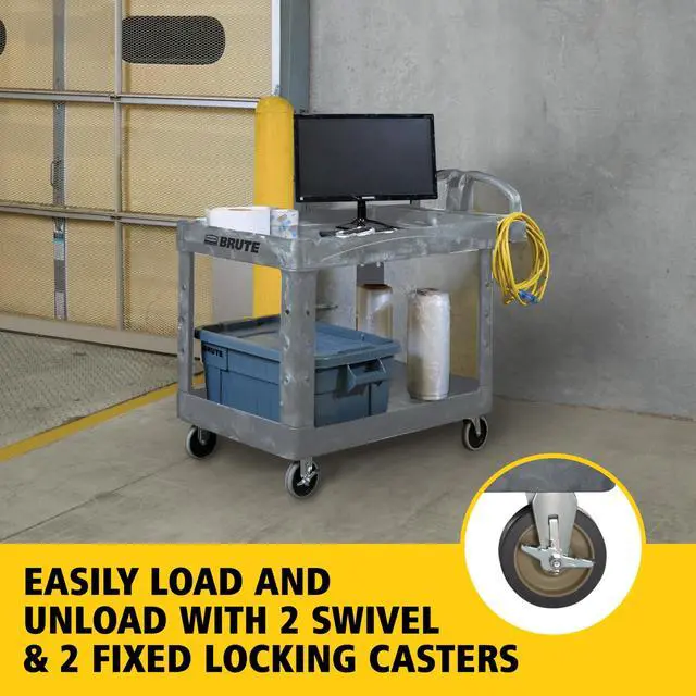 Alt view image 3 of 7 - BRUTE Heavy-Duty Ergo Handle Utility Cart Plastic 2 Shelves 750 lb Capacity 26" x 55" x 33.25" Gray 2192463