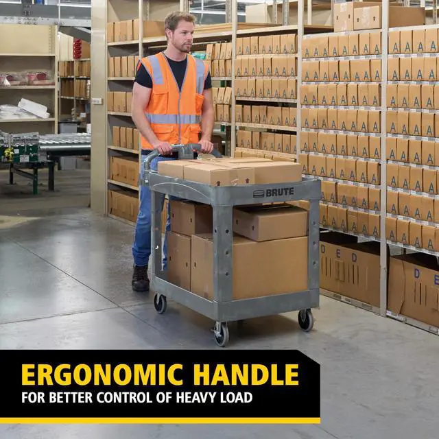 Alt view image 2 of 7 - BRUTE Heavy-Duty Ergo Handle Utility Cart Plastic 2 Shelves 750 lb Capacity 26" x 55" x 33.25" Gray 2192463