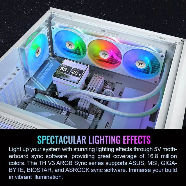 Alt view image 18 of 20 - Thermaltake TH360 V3 Ultra ARGB CPU Liquid Cooler; Intel/AMD; 1x360mm 500~2500rpm Single Frame ARGB Fan; 360mm Radiator; 3.95" TFT 720x720p LCD; Rotatable Pump Head; TT LCD Screen Control; Snow; CL-W476-PL12SW-A