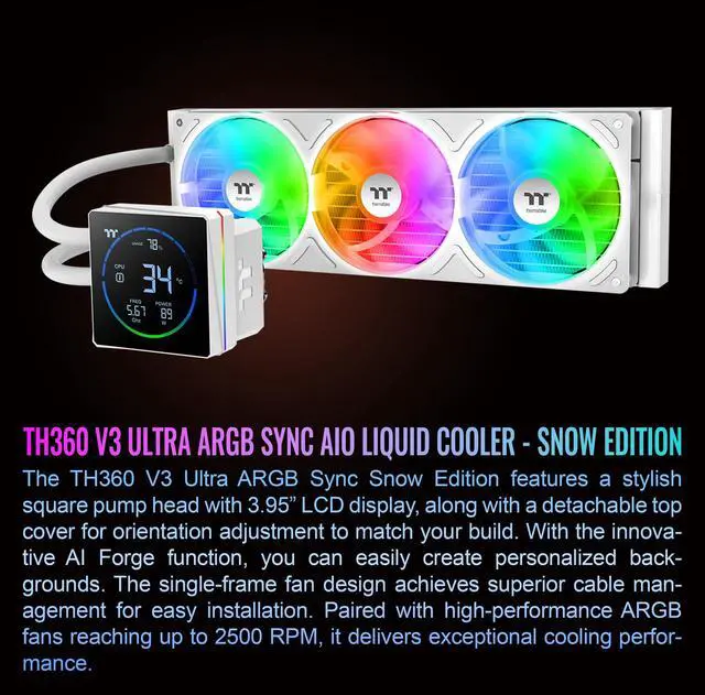 Alt view image 16 of 20 - Thermaltake TH360 V3 Ultra ARGB CPU Liquid Cooler; Intel/AMD; 1x360mm 500~2500rpm Single Frame ARGB Fan; 360mm Radiator; 3.95" TFT 720x720p LCD; Rotatable Pump Head; TT LCD Screen Control; Snow; CL-W476-PL12SW-A