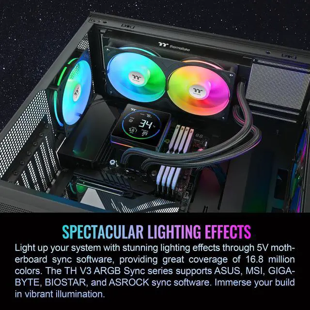 Alt view image 18 of 20 - Thermaltake TH240-S V3 ARGB CPU Liquid Cooler; Intel/AMD; 1x240mm 500~2500rpm Single Frame ARGB Fan; 240mm Radiator; 3.95" Segment Code LCD; Rotatable Pump Head; TT Segment LCD Software; Black; CL-W469-PL12SW-A