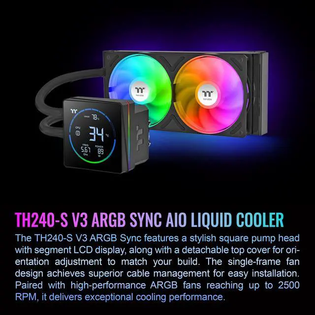 Alt view image 16 of 20 - Thermaltake TH240-S V3 ARGB CPU Liquid Cooler; Intel/AMD; 1x240mm 500~2500rpm Single Frame ARGB Fan; 240mm Radiator; 3.95" Segment Code LCD; Rotatable Pump Head; TT Segment LCD Software; Black; CL-W469-PL12SW-A