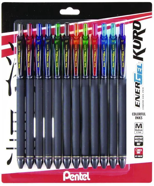 Alt view image 4 of 10 - Pentel EnerGel Kuro Retractable Gel Pen Medium Point 0.7mm Assorted Ink 12/Pack (BL437R1BP12M)