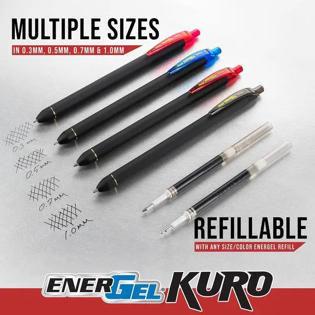 Alt view image 6 of 10 - Pentel EnerGel Kuro Retractable Gel Pen Medium Point 0.7mm Assorted Ink 12/Pack (BL437R1BP12M)