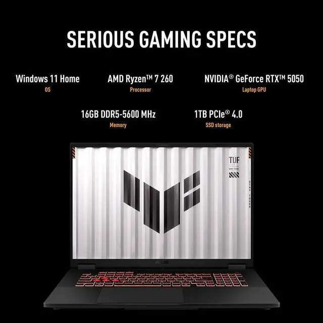 Alt view image 13 of 14 - ASUS TUF Gaming A18 FA808UH 18" WUXGA 144Hz Gaming Laptop, AMD Ryzen 7 260 3.8GHz, 16GB RAM, 1TB SSD, NVIDIA GeForce RTX 5050 8GB, Windows 11 Home, Jaeger Gray