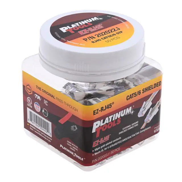 Alt view image 11 of 12 - Platinum Tools EZ-RJ45 Shielded Cat5e/6 Connector, External Ground (50 Pack) (202022J)