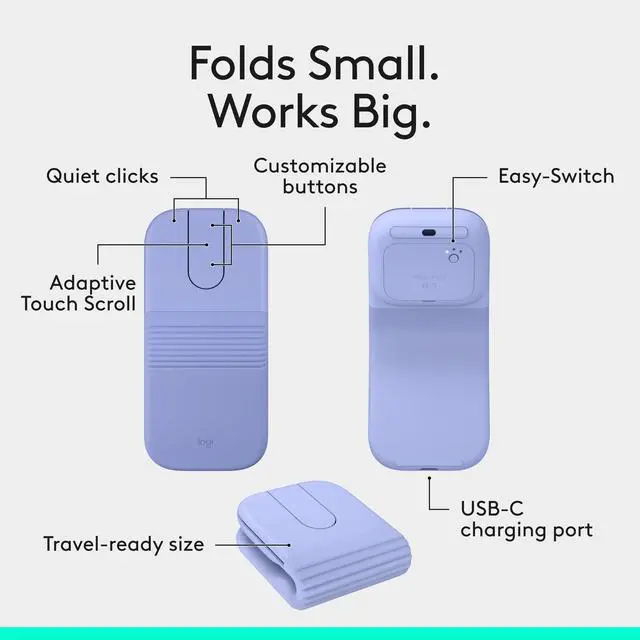 Alt view image 4 of 5 - Logitech 910007615 Mobi Fold Ultra-Portable Wireless Mouse - Lilac