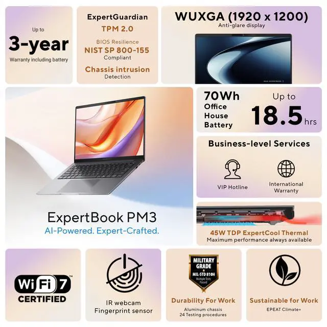 Alt view image 9 of 12 - ASUS ExpertBook PM3 14 Business Laptop, AMD Ryzen AI7 350 Processor, 32GB RAM, 1TB SSD, WiFi 7, Windows 11 Pro, Misty Grey, PM3406CKA-XS76