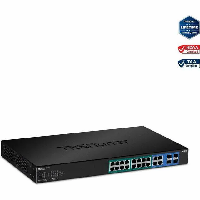 Main image of TRENDnet 20-Port Gigabit Web Smart 370W PoE+ Switch; TPE-1620WSF; 16 Gigabit PoE+ Ports; 4 Shared Gigabit PortsRJ-45 or SFP; 370W PoE Budget;Managed PoE+ Ethernet Network Switch; Lifetime Protection