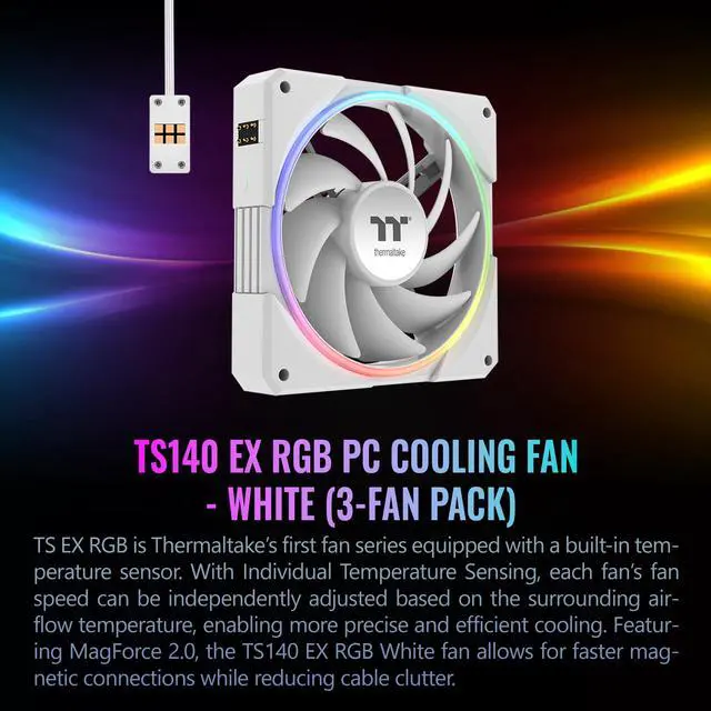 Alt view image 16 of 20 - Thermaltake TS140 EX RGB 140mm; Embedded Temperature Sensor; PWM 500~2000 RPM; MagForce 2.0; Airflow 93.35 CFM; Hydraulic Bearing; TT RGB Plus 3.0; Controller Included; 3-Pack; White; CL-F209-PL14SW-A